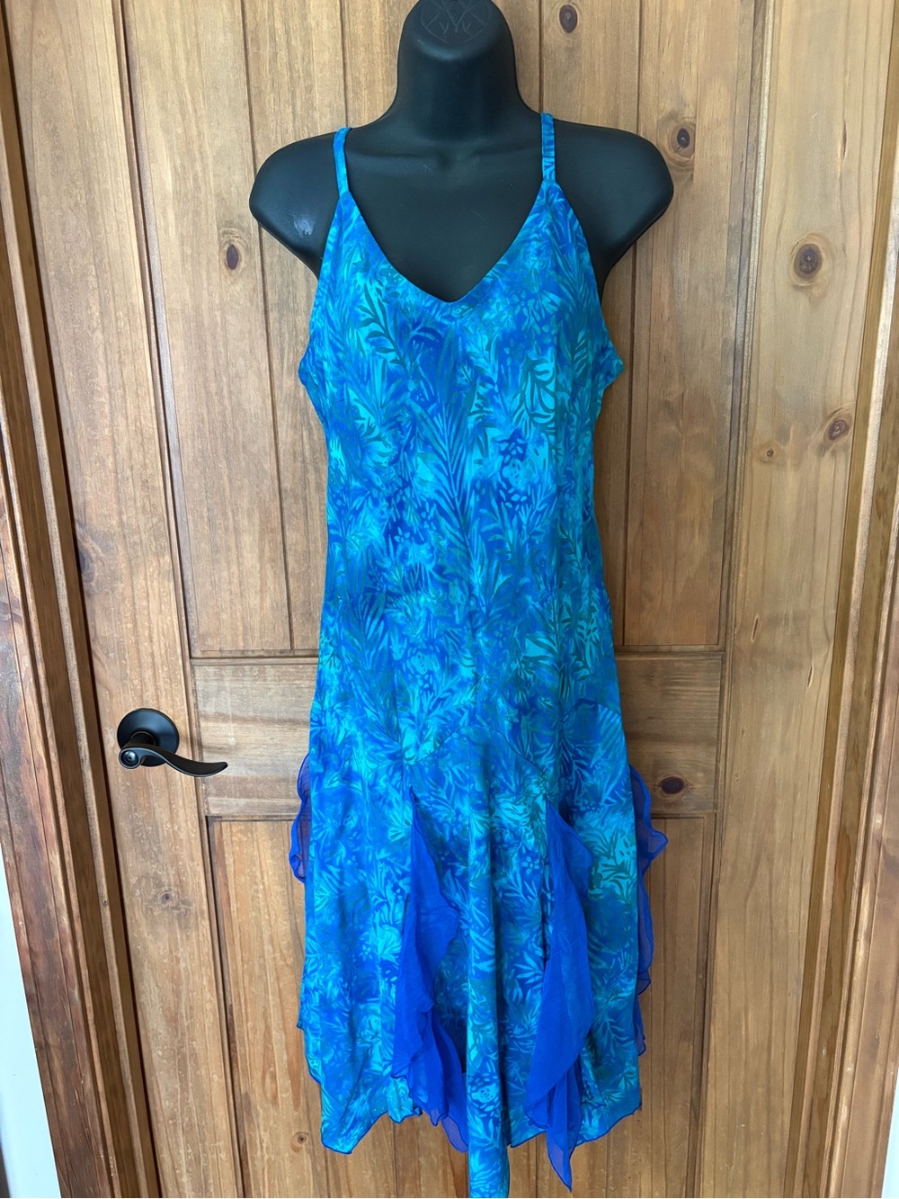 Blue Printed V-Neck Midi Slip Dress with Handkerchief Hem